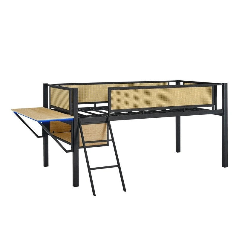 Twin Size Metal Loft Bed with Rectangular Desk, LED lights and Storage Shelves