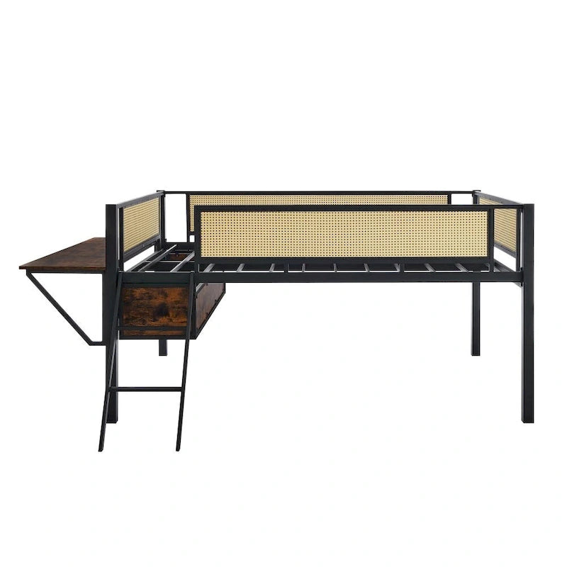 Metal Double Bed Loft Bed with Rectangular Desk, LED Lights