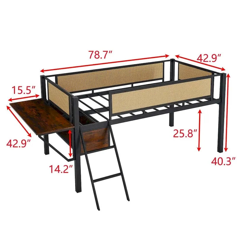 Metal Double Bed Loft Bed with Rectangular Desk, LED Lights