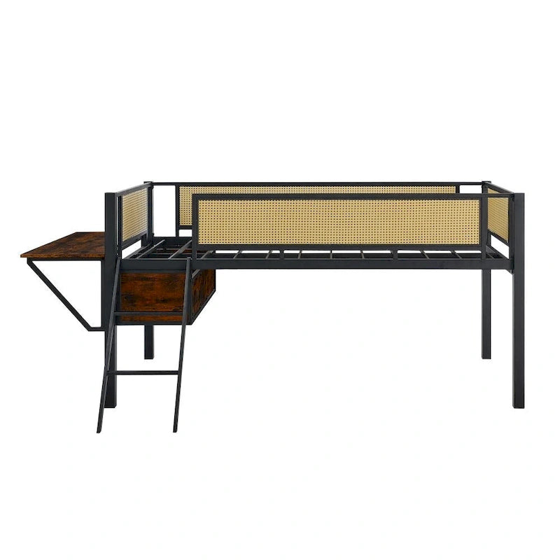 Metal Double Bed Loft Bed with Rectangular Desk, LED Lights