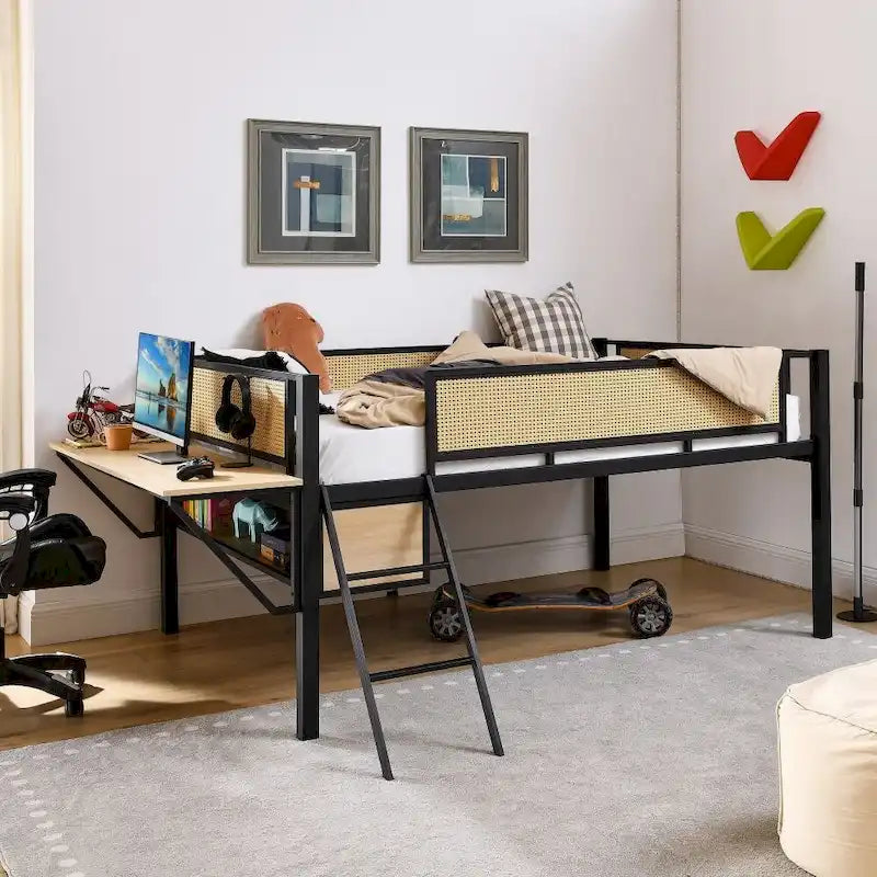 Metal Double Bed Loft Bed with Rectangular Desk, LED Lights
