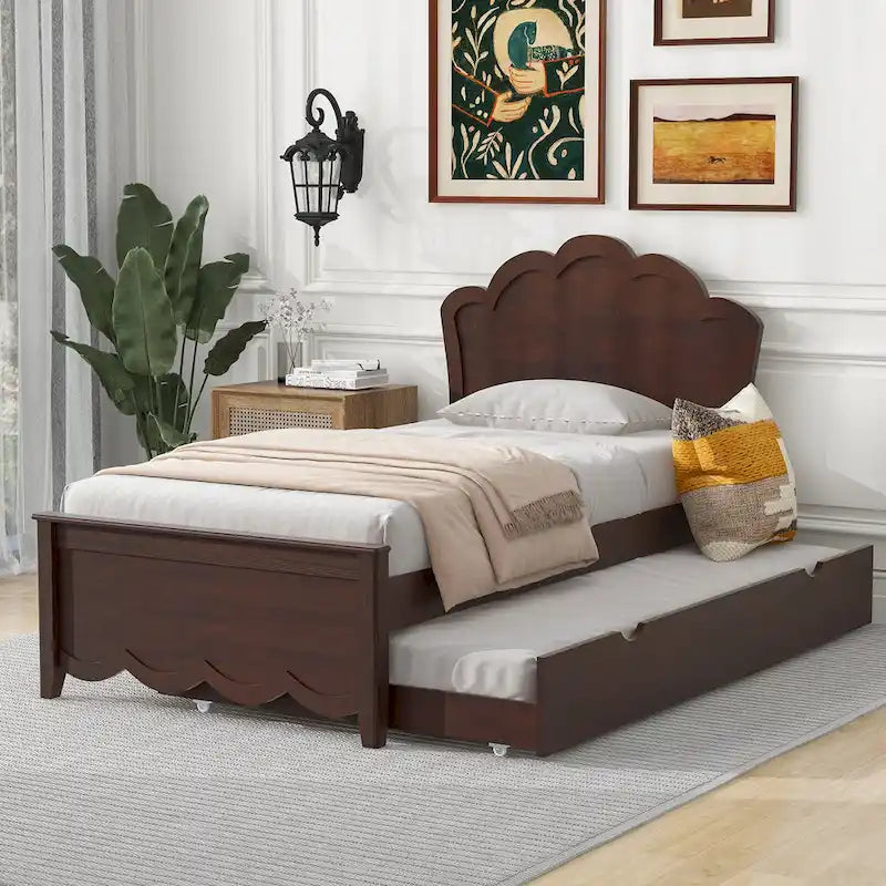 Twin Size Wood Platform Bed with Headboard and Trundle