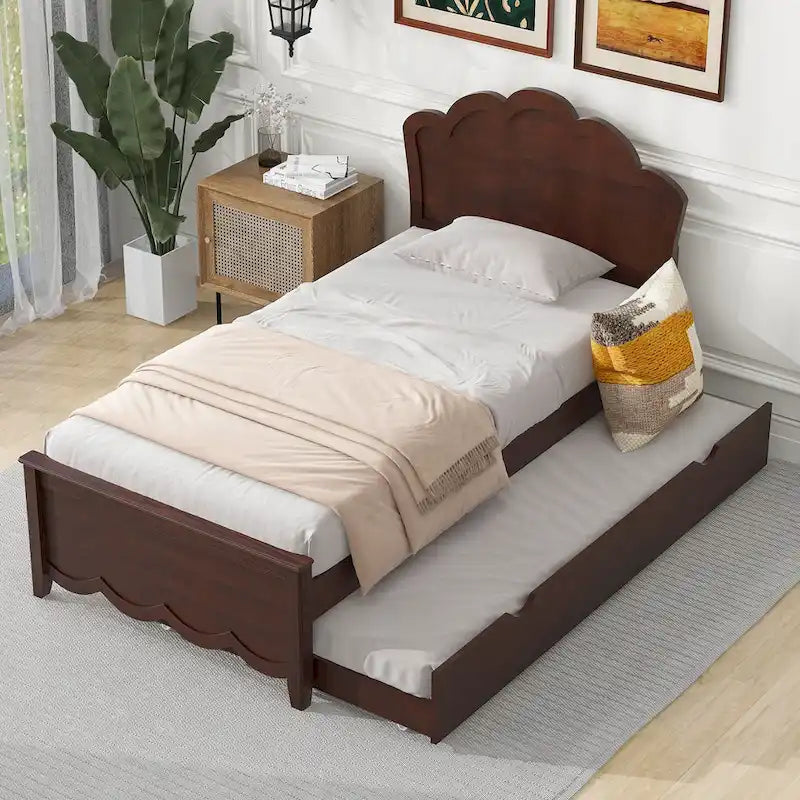 Twin Size Wood Platform Bed with Headboard and Trundle