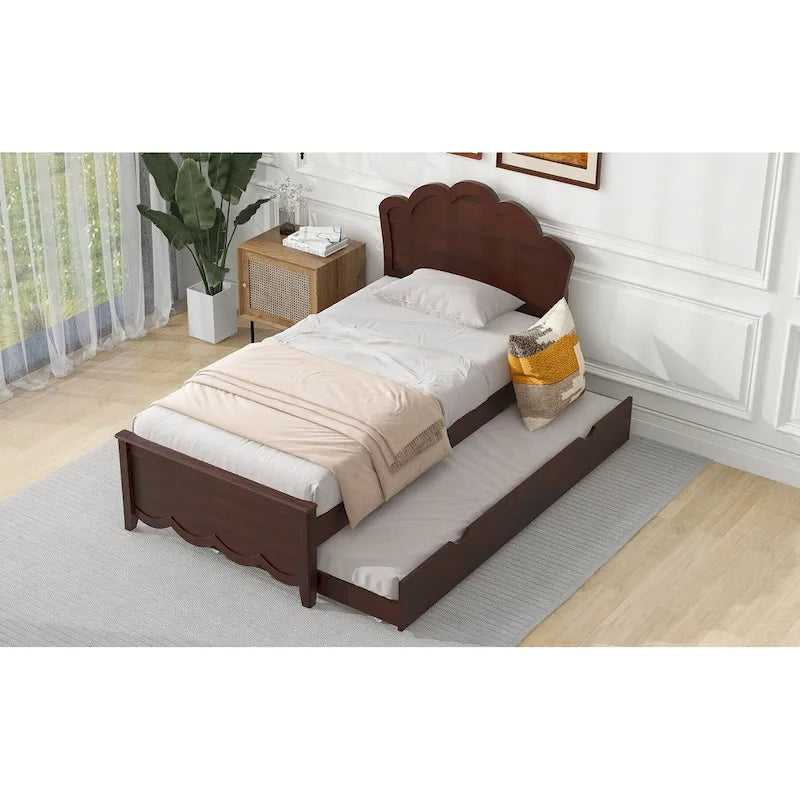 Twin Size Wood Platform Bed with Headboard and Trundle