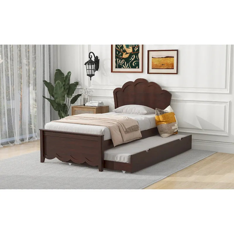 Twin Size Wood Platform Bed with Headboard and Trundle