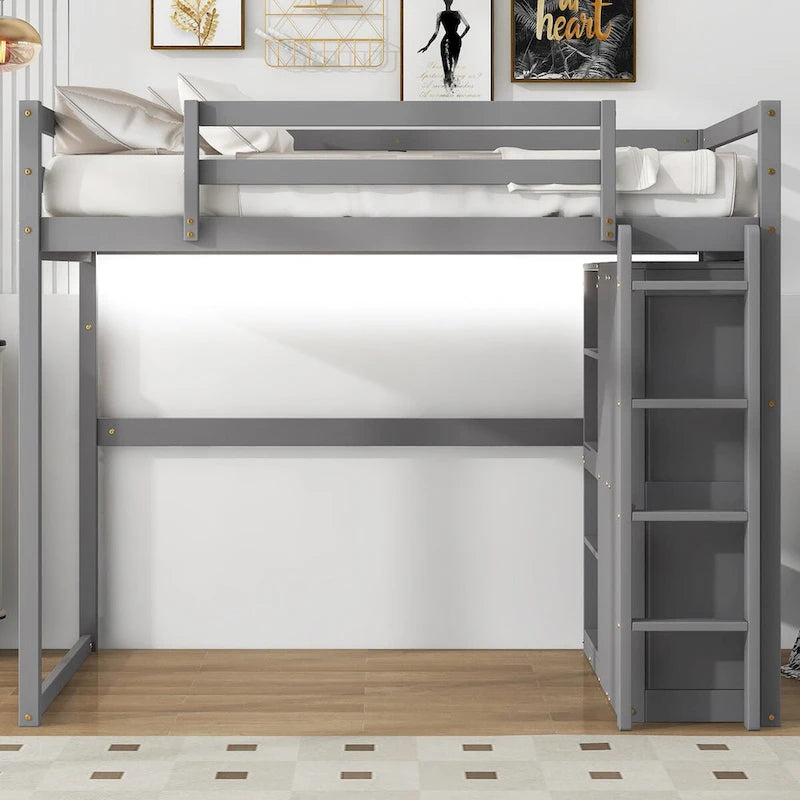 Merax Full Size Loft Bed with Built-in Wardrobe, Storage Shelves and LED light