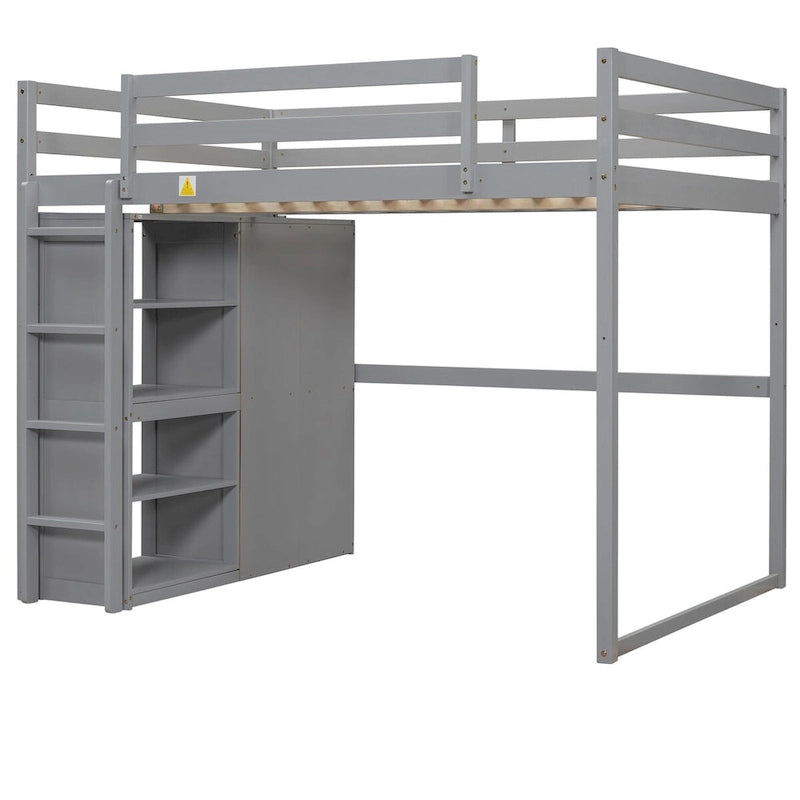 Merax Full Size Loft Bed with Built-in Wardrobe, Storage Shelves and LED light