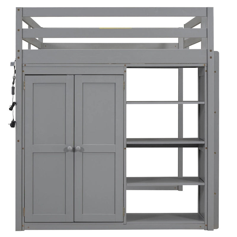 Merax Full Size Loft Bed with Built-in Wardrobe, Storage Shelves and LED light