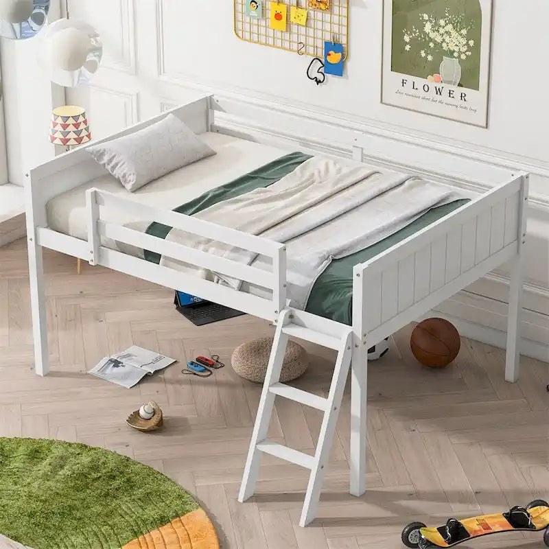 Wood Low Loft Bed w/Ladder,Ladder Can Be Placed On The Left Or Right