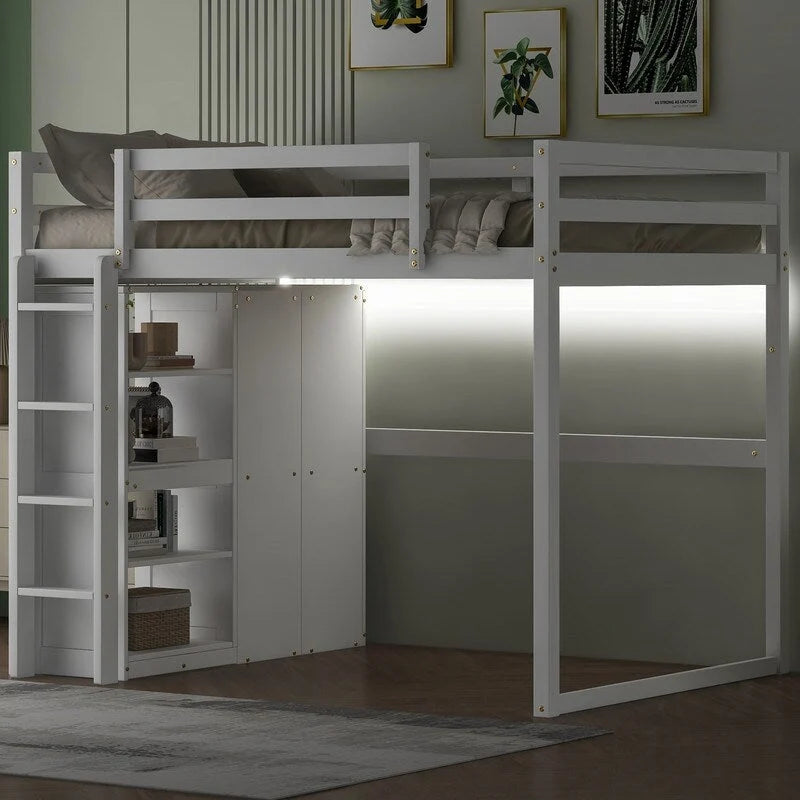 Wood Full Size Loft Bed with Built-in Wardrobe and Storage Shelves, Led light