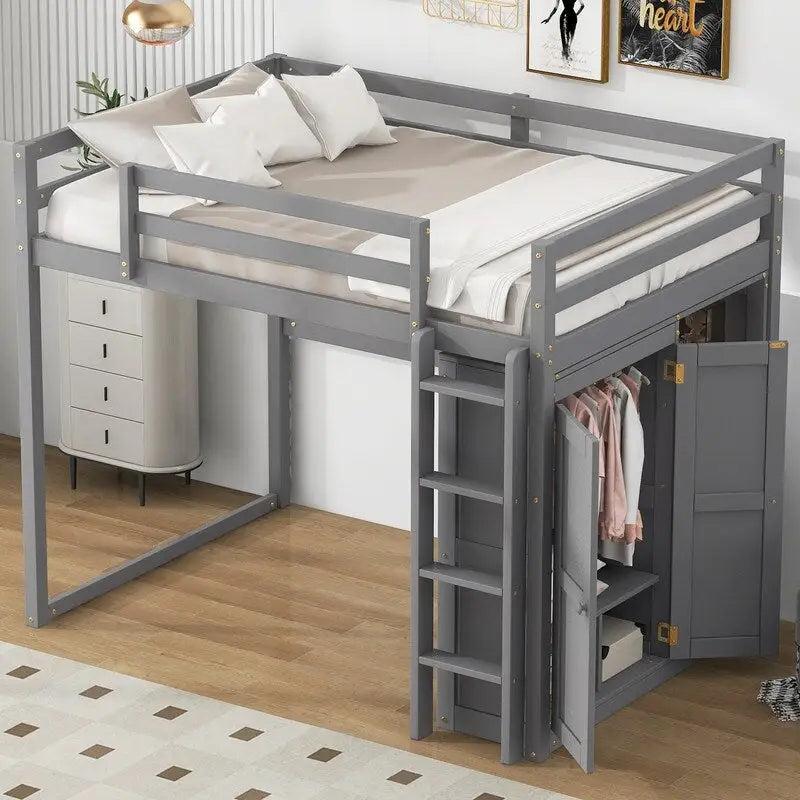 Wood Full Size Loft Bed with Built-in Wardrobe and Storage Shelves, Led light