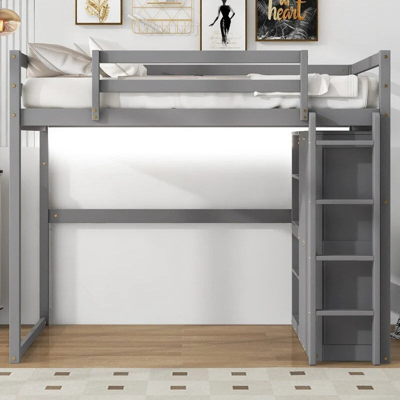 Wood Full Size Loft Bed with Built-in Wardrobe and Storage Shelves, Led light
