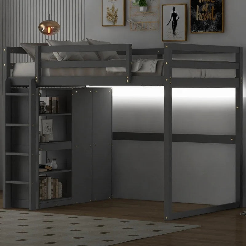 Wood Full Size Loft Bed with Built-in Wardrobe and Storage Shelves, Led light