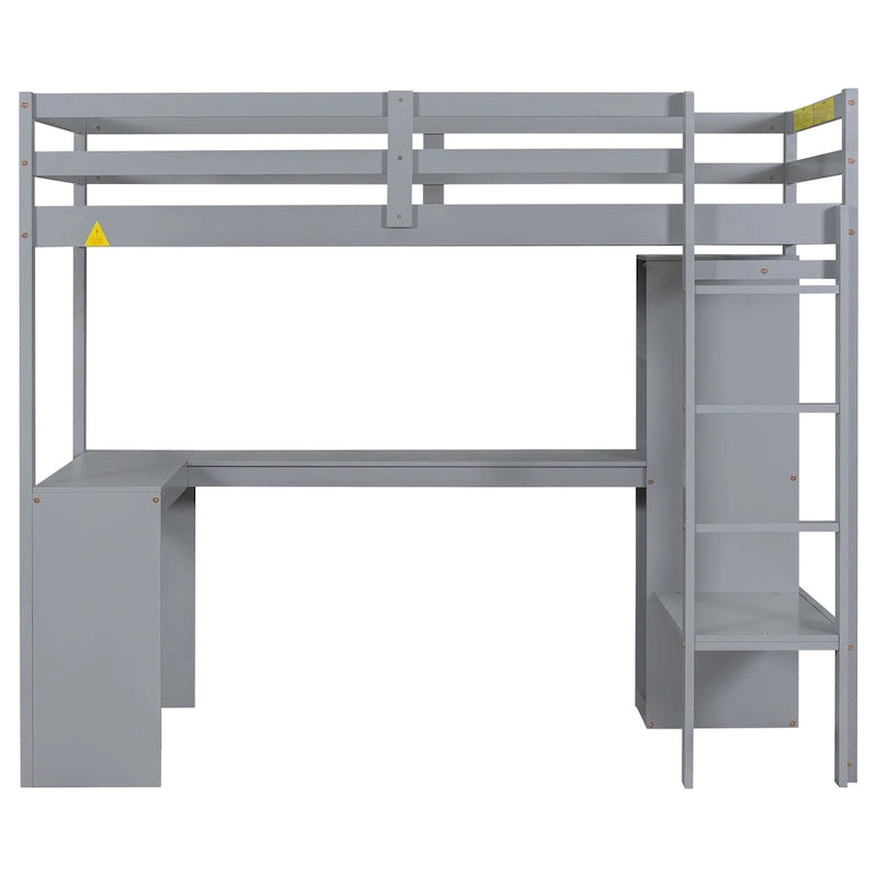 Twin Size Wooden Loft Bed with L-shaped Desk, Wardrobe and Storage Shelves