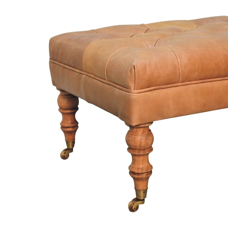 Artisan Furniture Solid Wood Buffalo Tan Leather Ottoman with Castor Legs