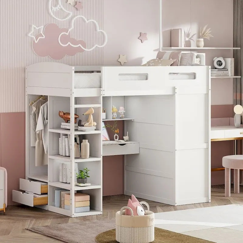 Twin Size Loft Bed with Desk, Wardrobes, 4 Drawers and 4 Shelves