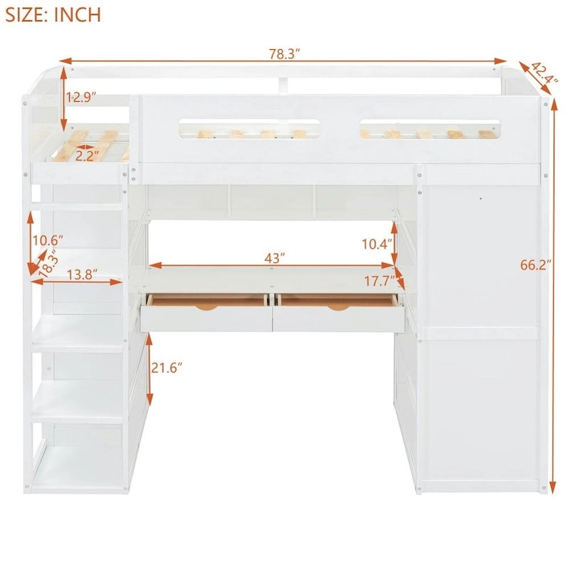 Twin Size Loft Bed with Desk, Wardrobes, 4 Drawers and 4 Shelves