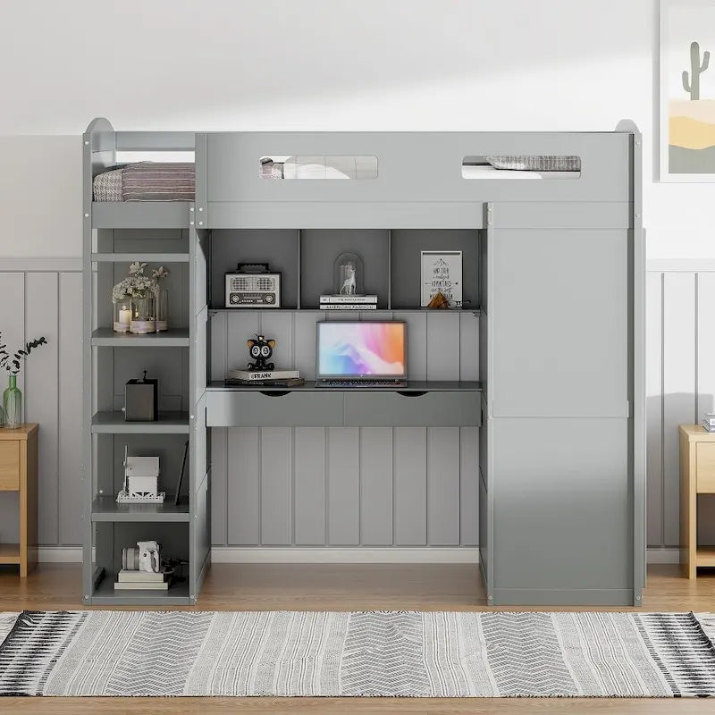 Twin Size Loft Bed with Desk, Wardrobes, 4 Drawers and 4 Shelves