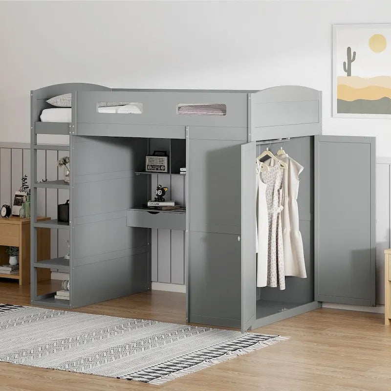 Twin Size Loft Bed with Desk, Wardrobes, 4 Drawers and 4 Shelves