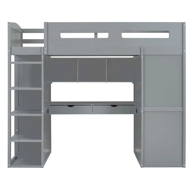 Twin Size Loft Bed with Desk, Wardrobes, 4 Drawers and 4 Shelves