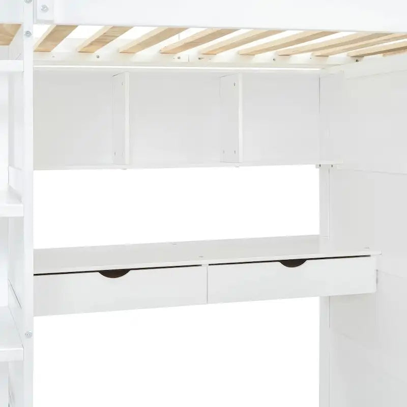 Twin Size Loft Bed with Desk, Wardrobes, 4 Drawers and 4 Shelves