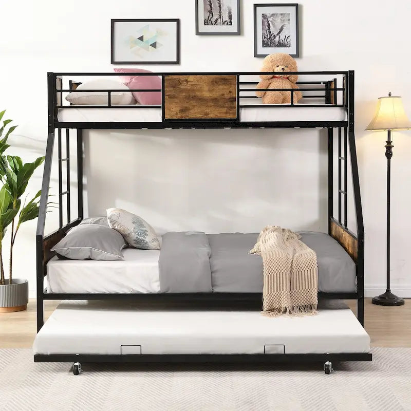 Twin Over FULL Metal Bunk Bed with Trundle 2-Side Ladder and Full-Length Guardrail, No Box Spring Needed, UnderBed Storage