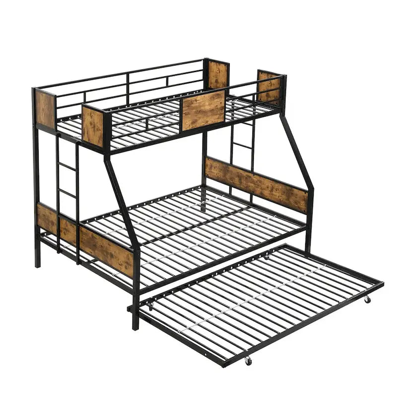 Twin Over FULL Metal Bunk Bed with Trundle 2-Side Ladder and Full-Length Guardrail, No Box Spring Needed, UnderBed Storage