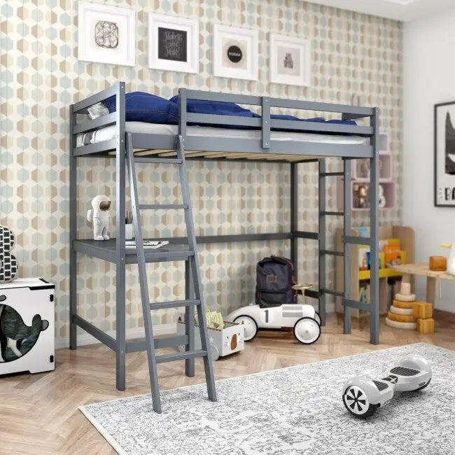 Twin Size Loft Bed Frame with Desk Angled and Built-in Ladder