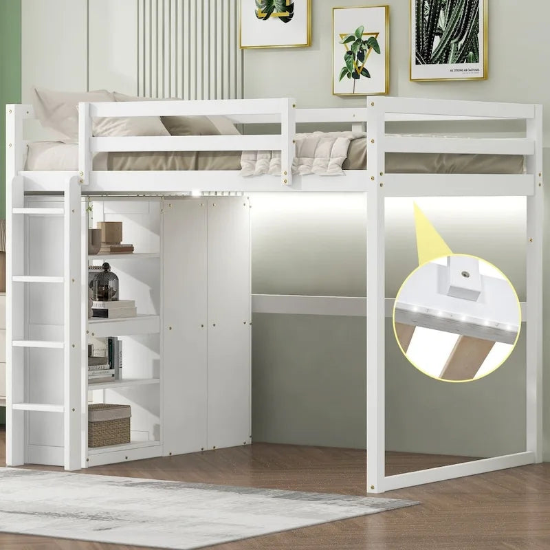 Wood Full Size Loft Bed with Built-In Wardrobe and Storage Shelves