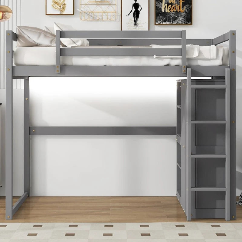 Wood Full Size Loft Bed with Built-In Wardrobe and Storage Shelves
