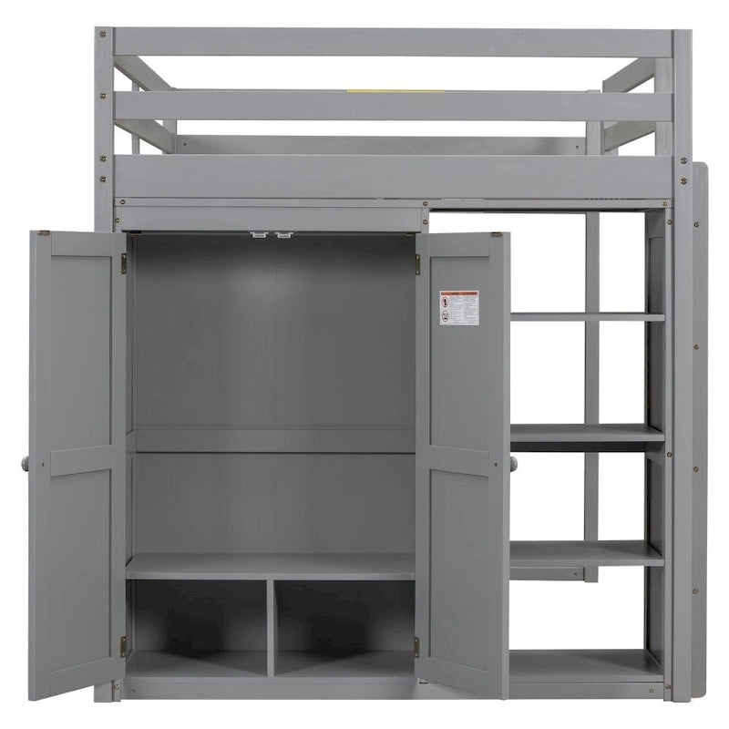 Wood Full Size Loft Bed with Built-In Wardrobe and Storage Shelves