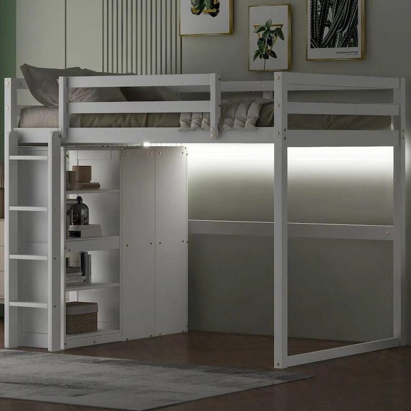 Wood Full Size Loft Bed with Built-In Wardrobe and Storage Shelves
