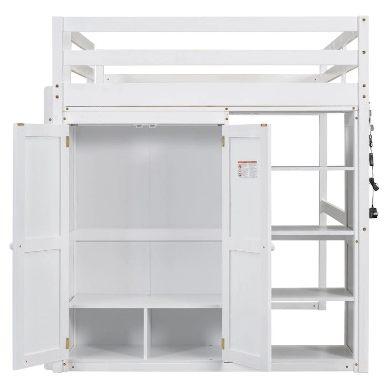 Wood Full Size Loft Bed with Built-In Wardrobe and Storage Shelves